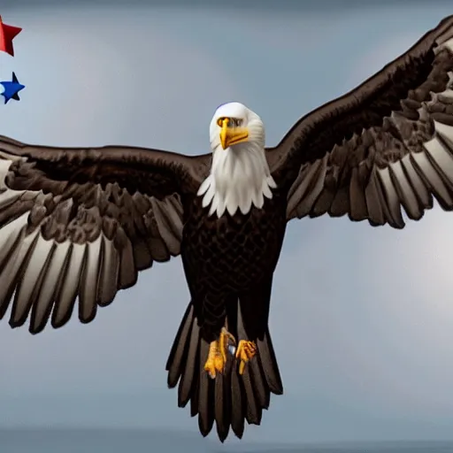 Prompt: a bald eagle with a dog on it, patriotic, detailed, unreal engine