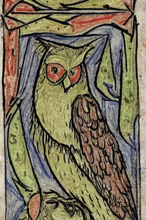 Image similar to Terrible Medieval Drawings of an Owl from an illuminated manuscript.