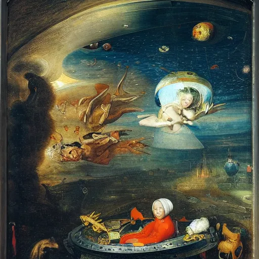 Prompt: Woman inside a spaceship, by Jan Brueghel the Elder