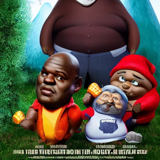 Image similar to shaq in a movie poster about squeezing into gnome homes, high quality, sharp focus, 4k