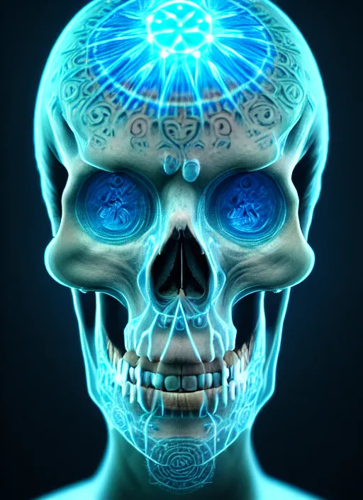 Image similar to 3 d shaman with tattoos profile portrait, sigma 5 0 0 mm f / 5. beautiful intricate highly detailed skull. bioluminescent, plasma, frost, water, wind, creature, gradient background, thunderstorm! artwork by tooth wu and wlop and beeple and greg rutkowski, 8 k trending on artstation,