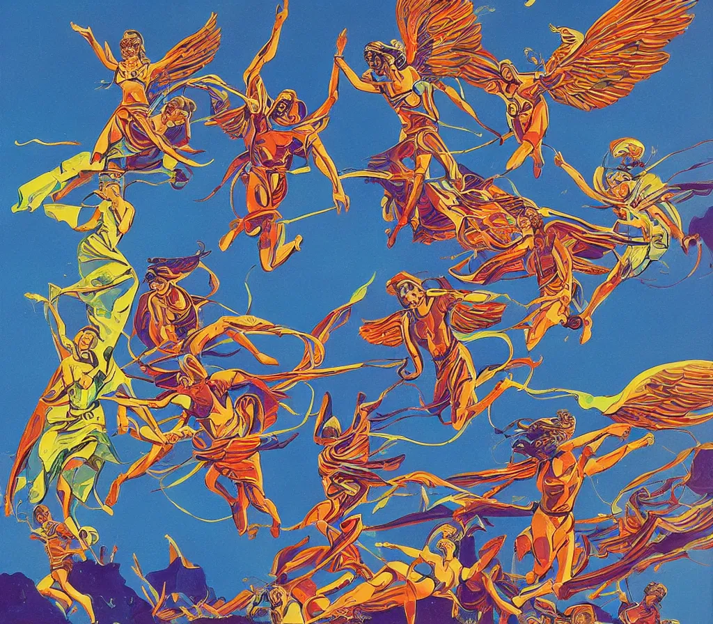 Prompt: sacred angels fighting in the skies of seattle, gouache, stylised, illustration, by syd mead, mati klarwein, and moebius