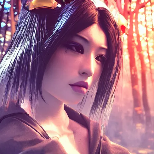 Image similar to cyberpunk geisha in japanese forest, epic, ultra detail, ultra realistic, photorealistic, 4k, god rays, highly detailed, full body, ornate, cinematic lighting, trending on artstation, hyperrealistic, focused, high details, unreal engine 5, cinematic