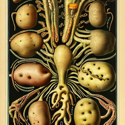 Image similar to potato anatomy by ernst haeckel, masterpiece, vivid, very detailed