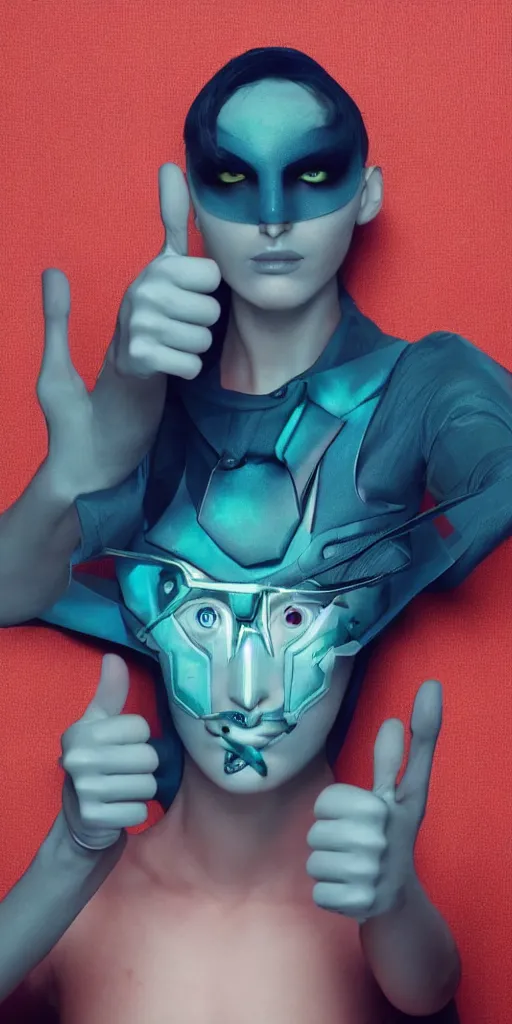 Prompt: stunning androgynous android with many eyes and hands and with an intense look giving a thumbs up to the camera