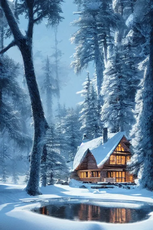 Prompt: snowy cozy mountain lodge by a small frozen lake in a forrest in canadian mountains in the evening sun, iceicles, by philippe gare, artstation, greg rutkowski