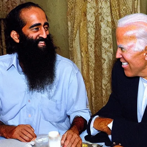 Prompt: ultra realistic candid photograph from osama bin laden with joe biden in bahamas, intricate details, face details
