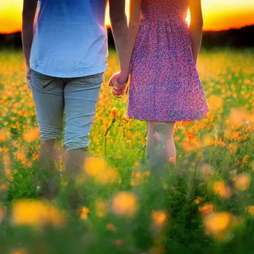 Image similar to a young couple holding hands in a field of flowers at sunset