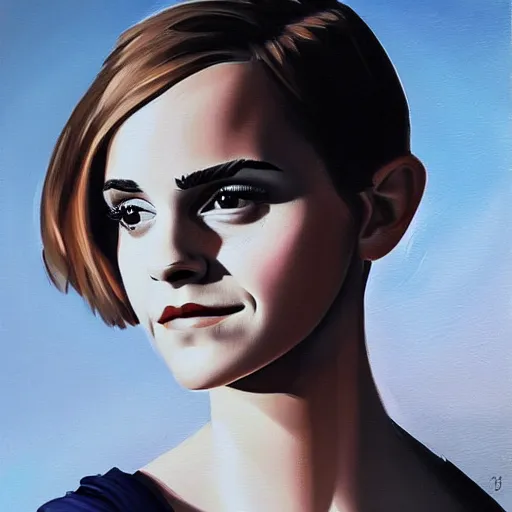 Image similar to modern stylized oil painting caricature of emma watson with ugly nose, cinematic dramatic lighting