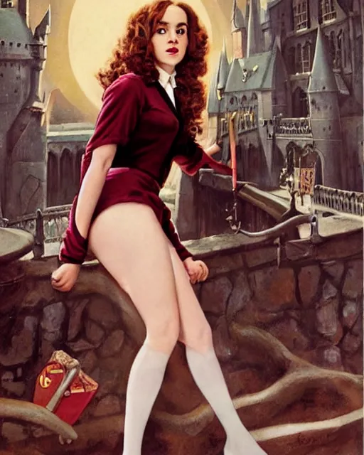 Image similar to pinup photo of hermione granger by emma watson in the crowded square of hogwarts, by gil elvgren, glossy skin, pearlescent, very coherent, very detailed