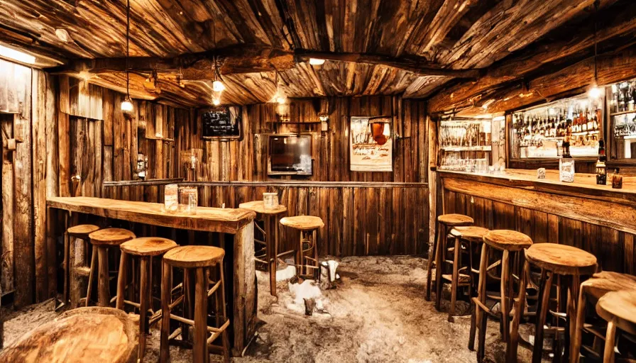 Image similar to empty cozy bar in small shack, rustic, warm, outside winter landscape