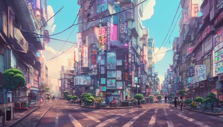 Image similar to A highly detailed matte painting of a tokyo street with a bright shimmering sky by Studio Ghibli, Mokoto Shinkai, by Artgerm, by beeple, volumetric lighting, octane render, 4K resolution, trending on artstation, vivid colours