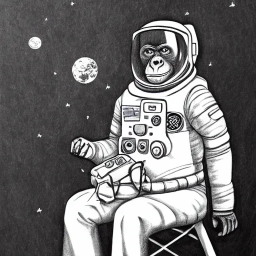 Prompt: pencil art, realistic self portrait, astronaut with a chimpanzee posing on a chair.