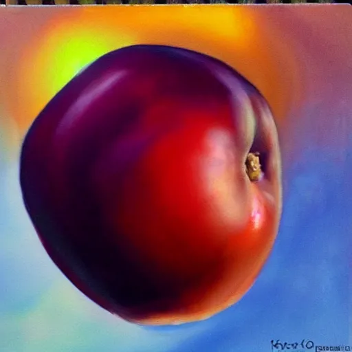 Image similar to realistic painting of a plum looking at the sunset highly detailed trending on art station