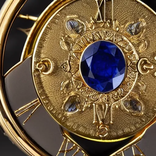 Image similar to close up photo of a sapphire and gold pocket watch, high detail, complex