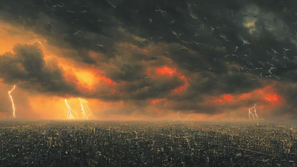 Prompt: a cinematic cityscape photograph of a dystopian future, flock of birds in the sky, a fiery cyber dragon flys in the sky, thunder and lightning, lee madgwick