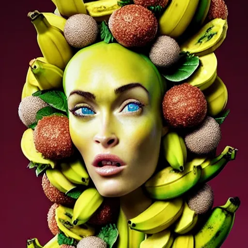 Image similar to banana dryad editorial 2 0 0 mm, megan fox editorial by malczewski and arcimboldo, banana dryad character sculpture by arcimboldo, stil frame from'cloudy with a chance of meatballs 2'( 2 0 1 3 ) of banana dryad, banana hybrid megan fox editorial by alexander mcqueen and arcimboldo