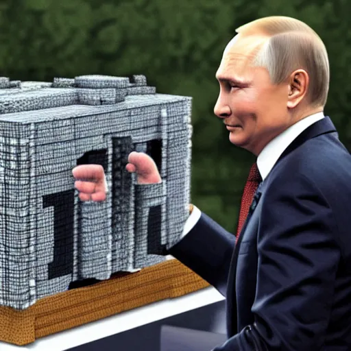 Prompt: Vladimir Putin as a Minecraft character building a tank