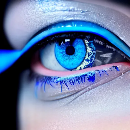 Prompt: macro photography of a hyper realistic stunning woman cyberpunk blue eye. black pupil, blue iris, natural skin. studio shot, epic scale, insanely complex, hyper detailed, sharp focus, hyper realism, artstation, cgsociety, 8 k, unreal engine 5