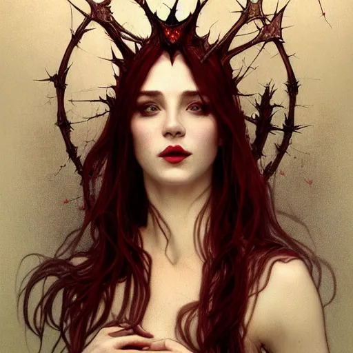 Prompt: portrait of beautiful vampire, rose thorn crown, thorns everywhere, headshot, pale skin, 4k, rule of thirds, extreme detail, detailed drawing, trending artstation, hd, fantasy, D&D, realistic lighting, by Alphonse Mucha, Greg Rutkowski, sharp focus, backlit, bright red hair, extremely detailed eyes, relistic