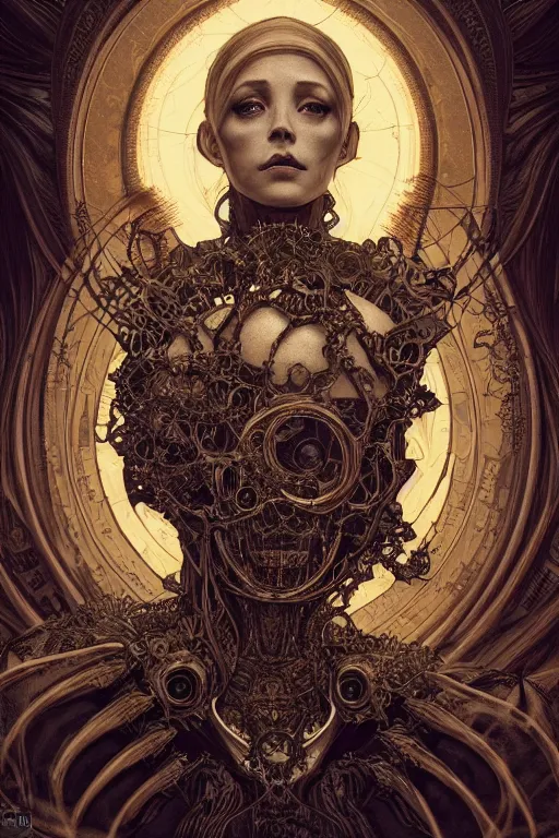 Image similar to beautiful hierophant girl tarot card portrait, scorn themed dark sf biomechanical, intricate artwork masterpiece, ominous, dramatic horror cinematic lighting, volumetric 8 k, by alphonse mucha, apollonia saintclair, josan gonzalez, artgerm, edmund leighton, kilian eng, trending on cgsociety, octane render, 8 k