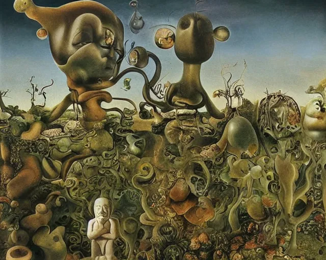 Image similar to a surreal landscape inhabited strange small figures in the background that get larger in the forgeound deep perspective perfect composition by hans bellmer, salvador dali, rachel ruysch