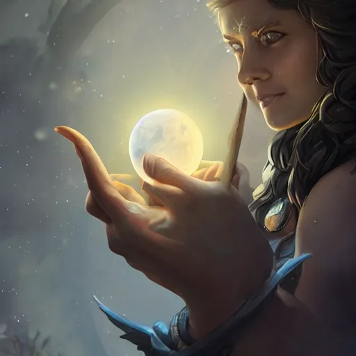 Image similar to [ artemis holding the moon in her hands ]!!, closeup!!, filling it with magical energy, digital art, tarot card, portrait!!, trending on polycount, cgsociety contest winner, digital art, 4 k, sharp, detailed, intricate, illustrated by greg rutkowski, zbrush, unreal engine 5