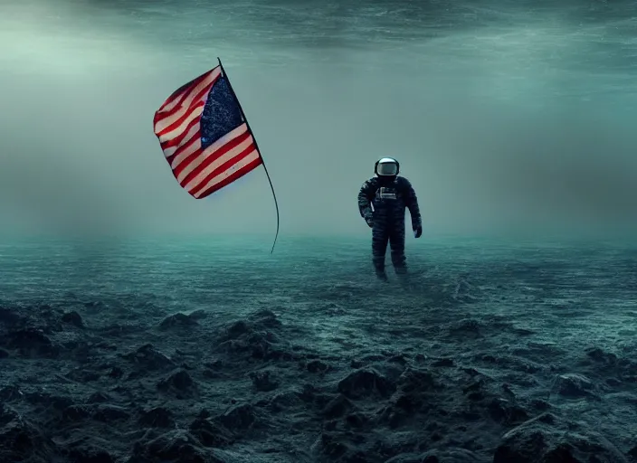 Image similar to astronaut holding a flag in an underwater desert. a submarine is visible in the distance. dark, concept art, cinematic, dramatic, atmospheric, 8 k, trending on artstation, blue, fish, low visibility, fog, ocean floor, christopher nolan, interstellar