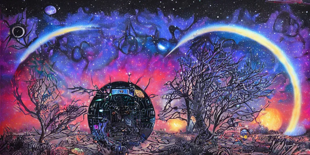 Prompt: Eye of the universe from outer wilds as seen through the end of the universe, moon, stargate, spray painted graffiti by Dan Mumford and by Michael Whelan