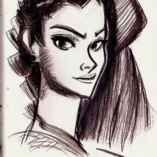 Image similar to milt kahl sketch of princess padme from star wars episode 3 with hair tendrils