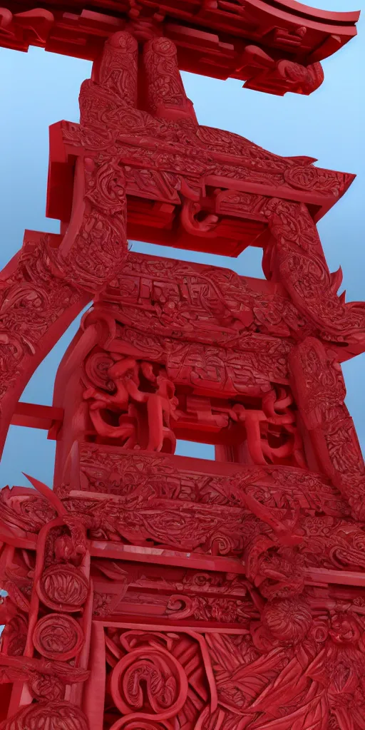 Image similar to 3 d render of a carved red torii gate sculpture, chrometype, made of liquid metal, neotribal with thorns and thunders, japanese temple, raytraced, volumetric lightning, 8 k, by zhelong xu, ouchh and and innate studio