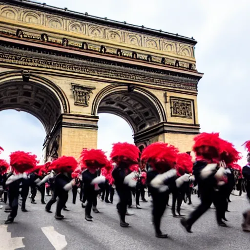 Prompt: a large group of people wearing clown hats marching in formation through the arc de thriump.