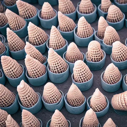 Image similar to a photograph of an infinite field of ice cream cones. shallow depth - of - field. bugs'view.