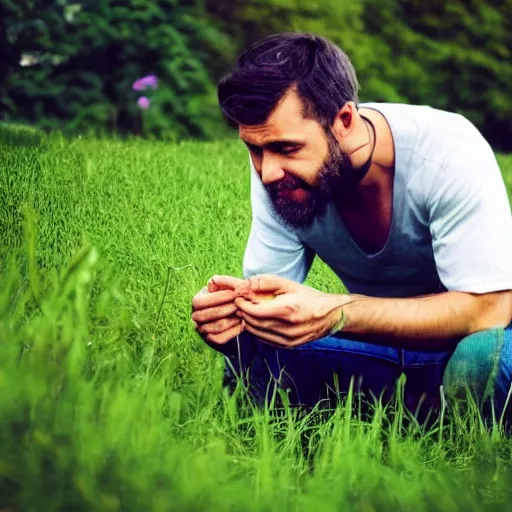 Prompt: a man eating grass