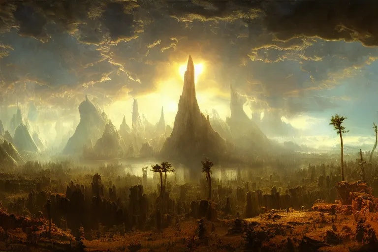 Image similar to painting of a post - apocaliptic wonderland by albert bierstadt, matte painting, unreal engine, 8 k resolution, beautiful, dark ambient