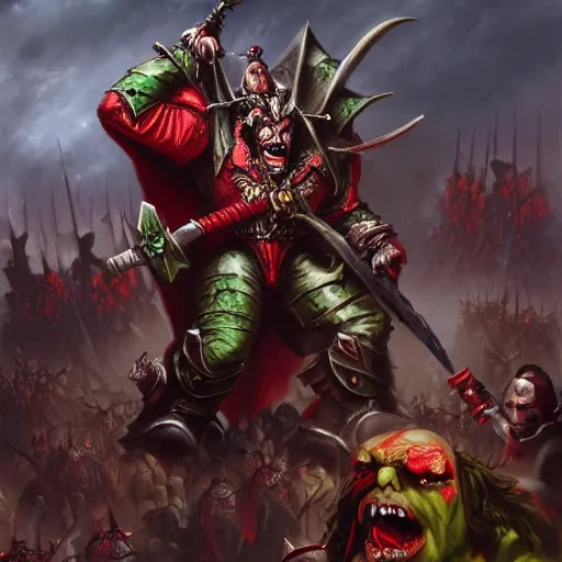 Image similar to Vampire counts fight Ogre kingdoms, warhammer fantasy, high fantasy, detailed, artstation, oil painting, illustration