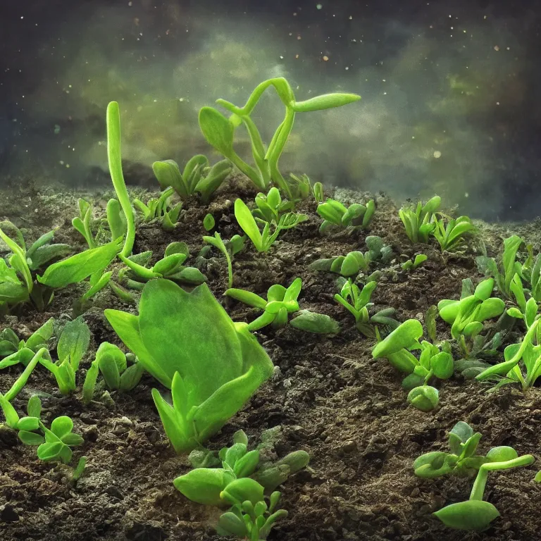 Image similar to a beautiful picture of close up plant sprouts in a fantasy world full of interesting buds fictional and gorgeous, cute animals walking nearby, 8 k resolution, highly detailed, hdr, artwork