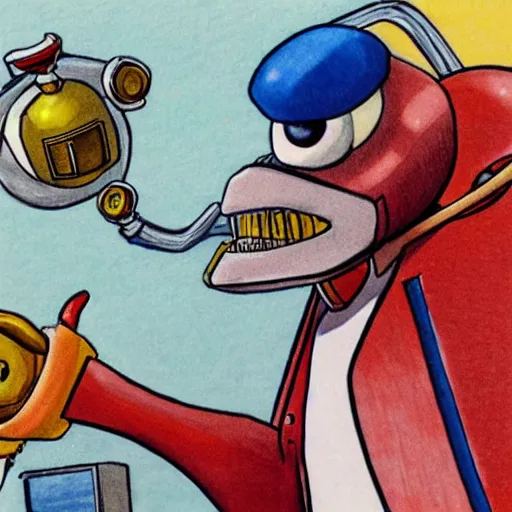 Prompt: Doctor Robotnik tried for tax evasion, court drawing, drawn by a toddler