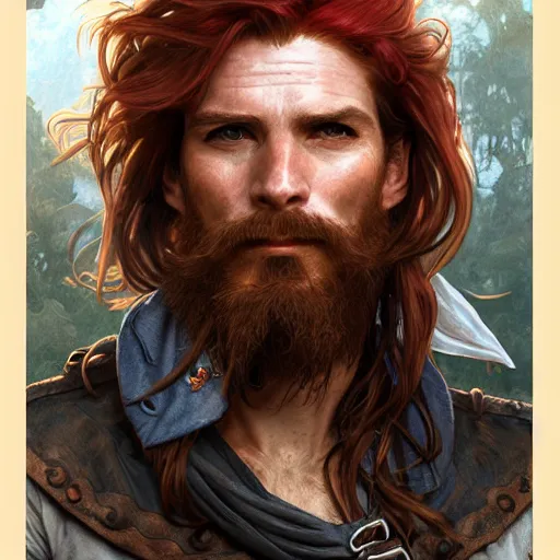 Image similar to portrait of a young ruggedly handsome but joyful pirate, male, masculine, upper body, red hair, long hair, d & d, fantasy, roguish smirk, intricate, elegant, highly detailed, digital painting, artstation, concept art, matte, sharp focus, illustration, art by artgerm and greg rutkowski and alphonse mucha