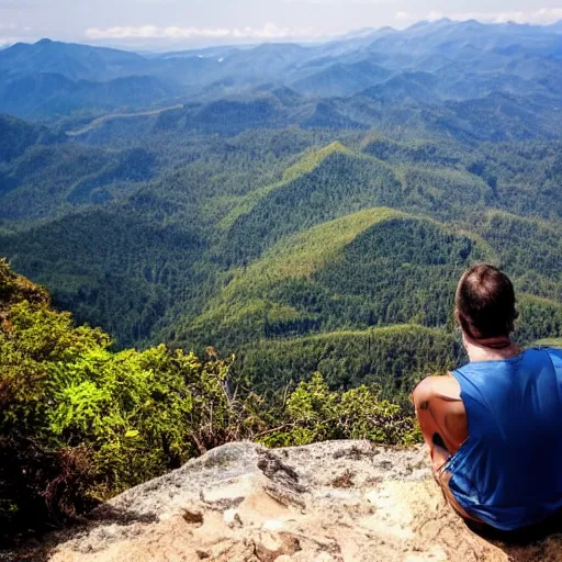 Prompt: man sitting on top peak mountain cliff looking at tsunami