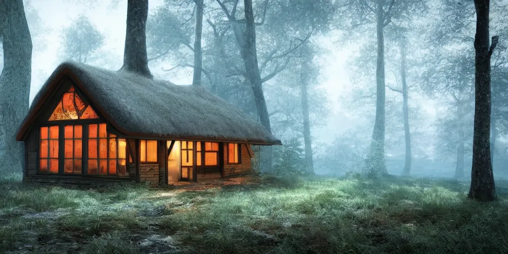 Prompt: solitary cottage in the woods and empty woods, 8k, fantasy, hyper realistic, atmospheric lighting