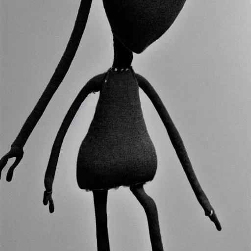 Prompt: a tall and lanky anthropomorphic humanoid figure made up of various baby dolls. the figure has its head slightly tilted to the side staring at the camera. black and white photo. surrealism.