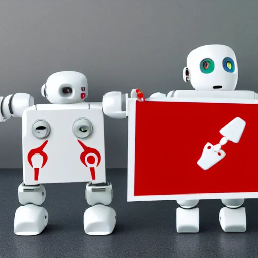 Prompt: 3 clean white robots holding sign / say no to badbots / on red background