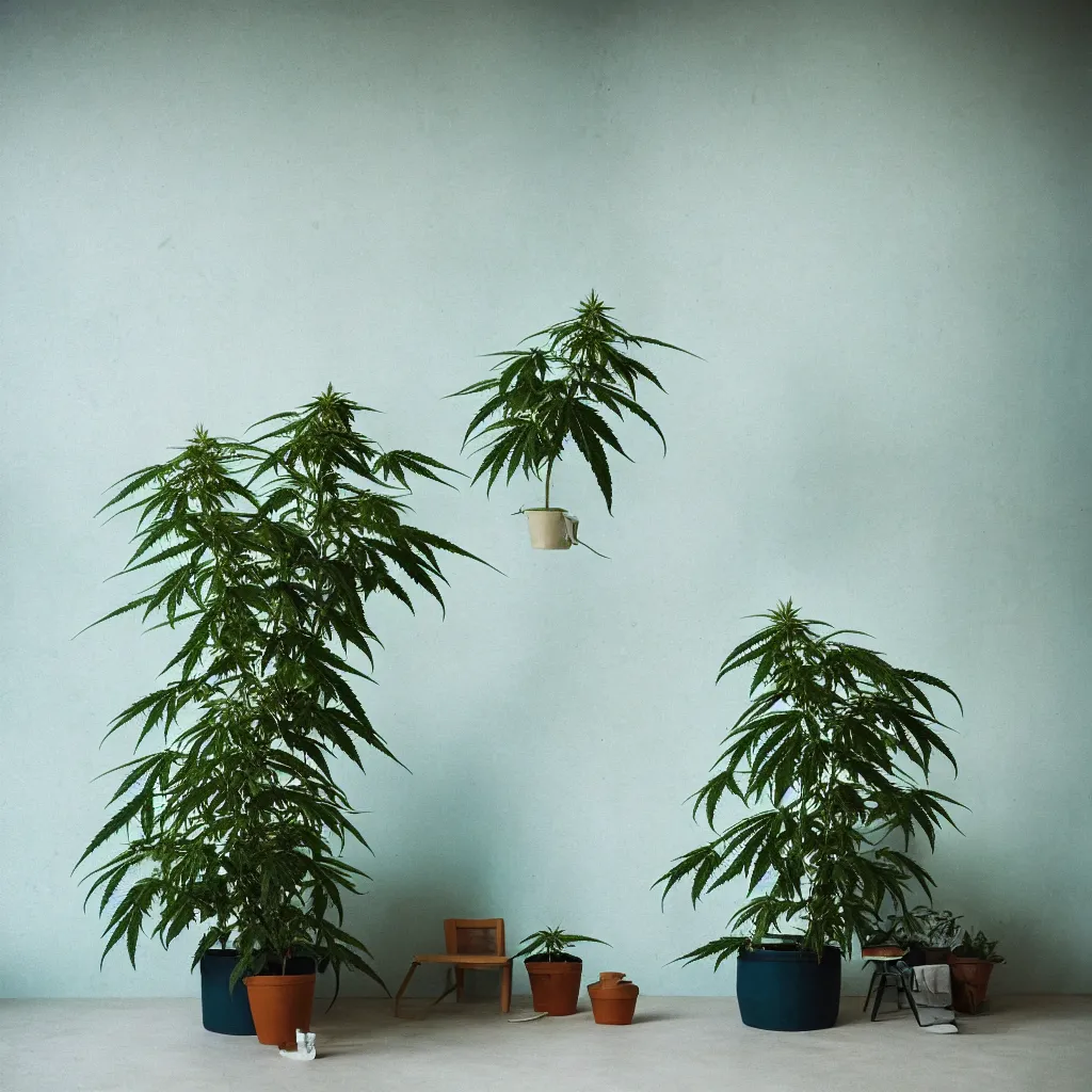 Image similar to large single cannabis plant in a pot grows to the ceiling, kodak portra 4 0 0, 8 k, shot of a highly detailed, britt marling style, colour still - life portrait of a large minimalistic room, rough concrete walls, a single rough carved wooden teal, with comfortable beanbags, muted colours