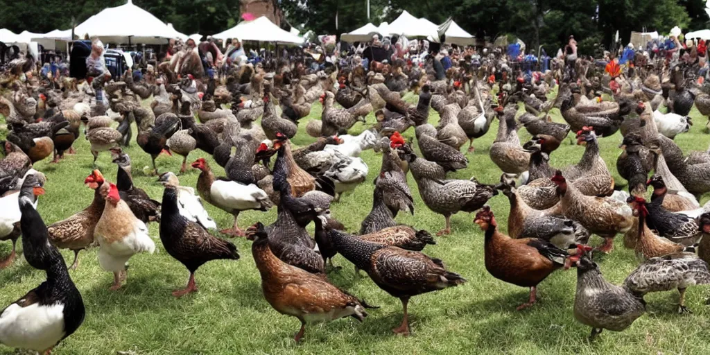 Image similar to summer music festival full of fowl. no humans. tex fowl