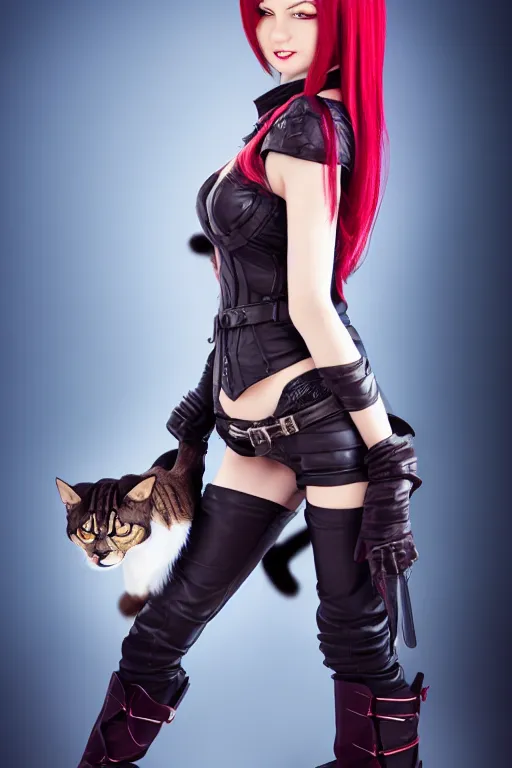 Prompt: Katarina from League of Legends holding a cat, photorealistic full body, studio lighting, white ambient background, highly detailed