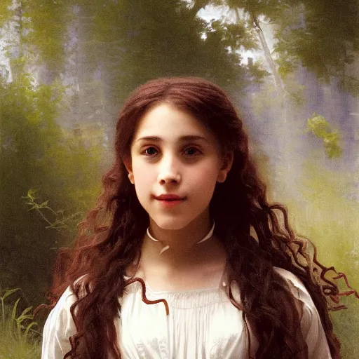 Prompt: painting of claudia vega from eva 2 0 1 1 as hermione granger. smiling. happy. cheerful. art by william adolphe bouguereau. extremely detailed. beautiful. 8 k. award winning.