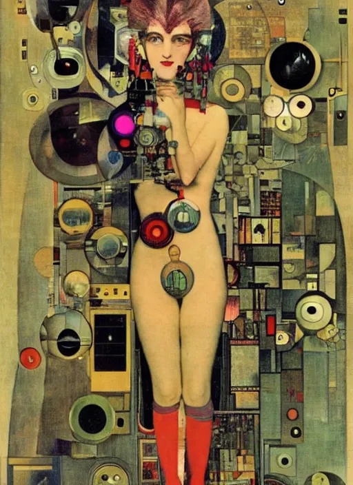 Prompt: cute punk goth fashion fractal alien martian girl with a television head wearing kimono made of circuits and leds, surreal Dada collage by Man Ray Kurt Schwitters Hannah Höch Alphonse Mucha