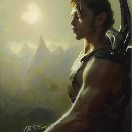 Prompt: handsome portrait of a young guy fitness posing, war hero, radiant light, caustics, sharp focus, breath of the wild, by gaston bussiere, bayard wu, greg rutkowski, giger, maxim verehin