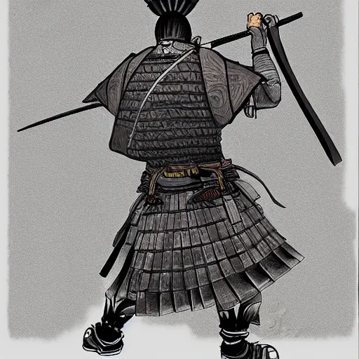Prompt: A FULL BODY PORTRAIT FROM BEHIND OF A SAMURAI WITH 2 KATANAS , concept art,HIGHLY DETAILED ink style , sketch